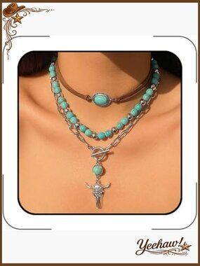 Layered Turquoise Beaded Western Necklace Set Cowgirl Pendant Chain